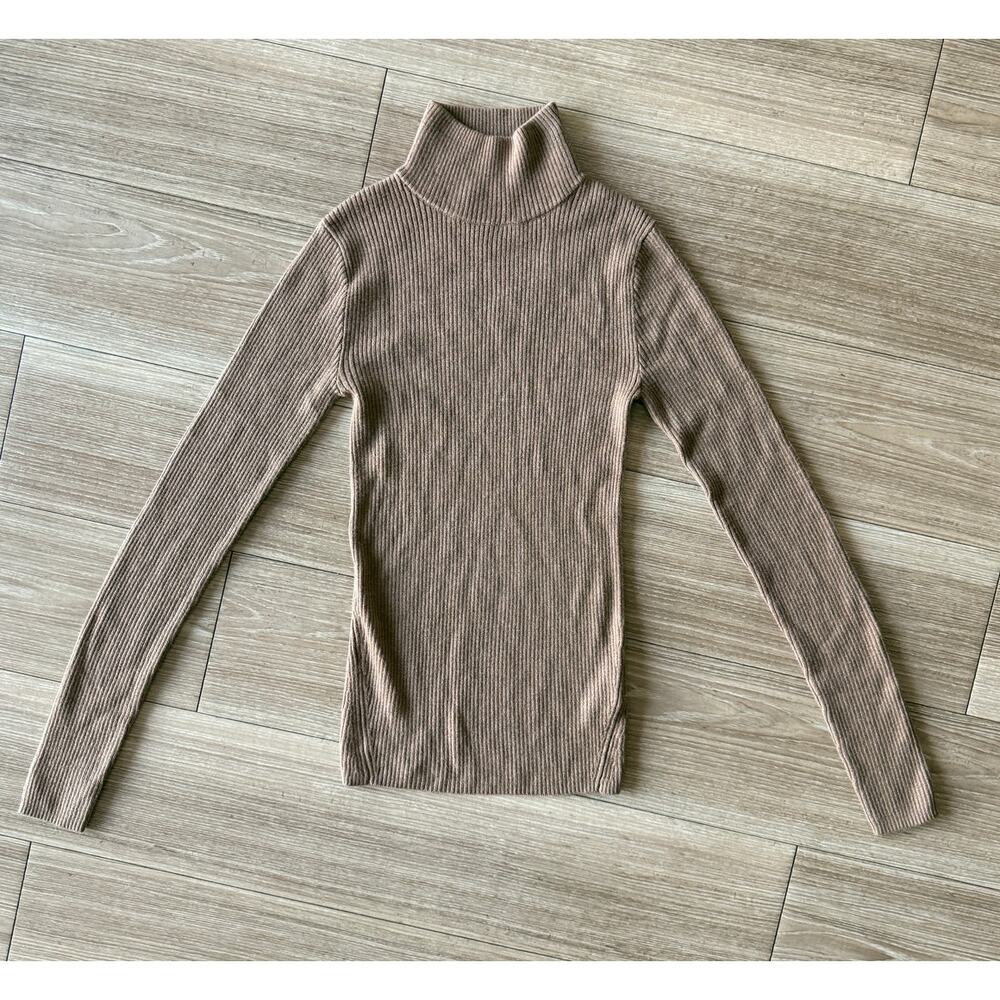 AYR XS Tan Ribbed Mock Neck Sweater Extrafine Merino Wool Blend Minimalist